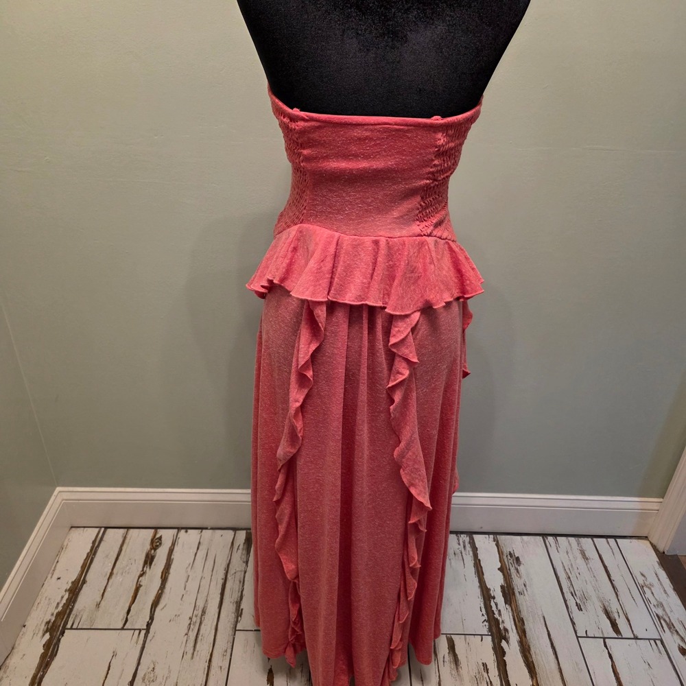 Free People Beach Coral Pink Smocked Ruffle Peplum Strapless Maxi Dress XS - Picture 2 of 4
